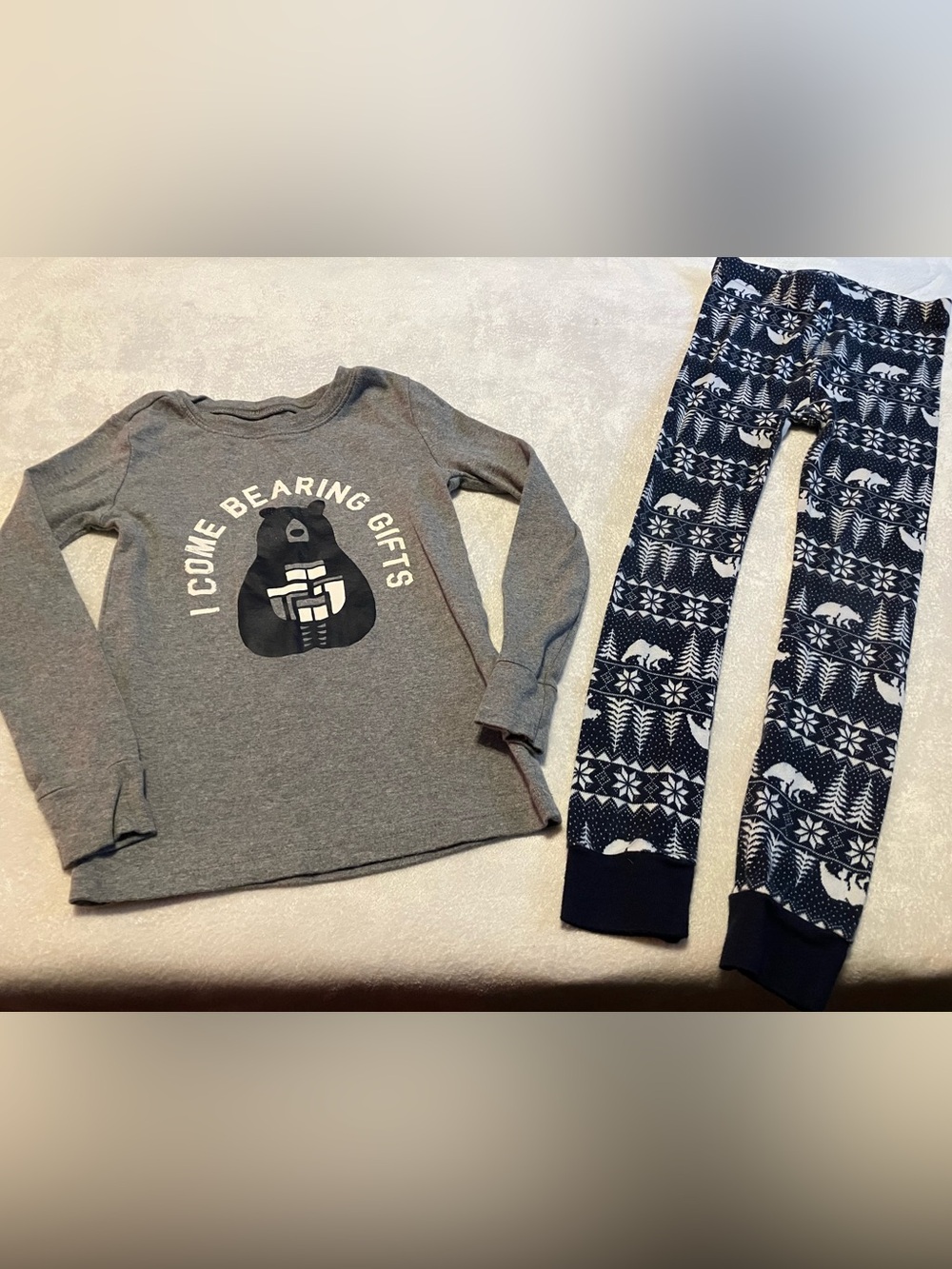 Kids Gray Bear Graphic Pajama Set with Navy Patterned Pants